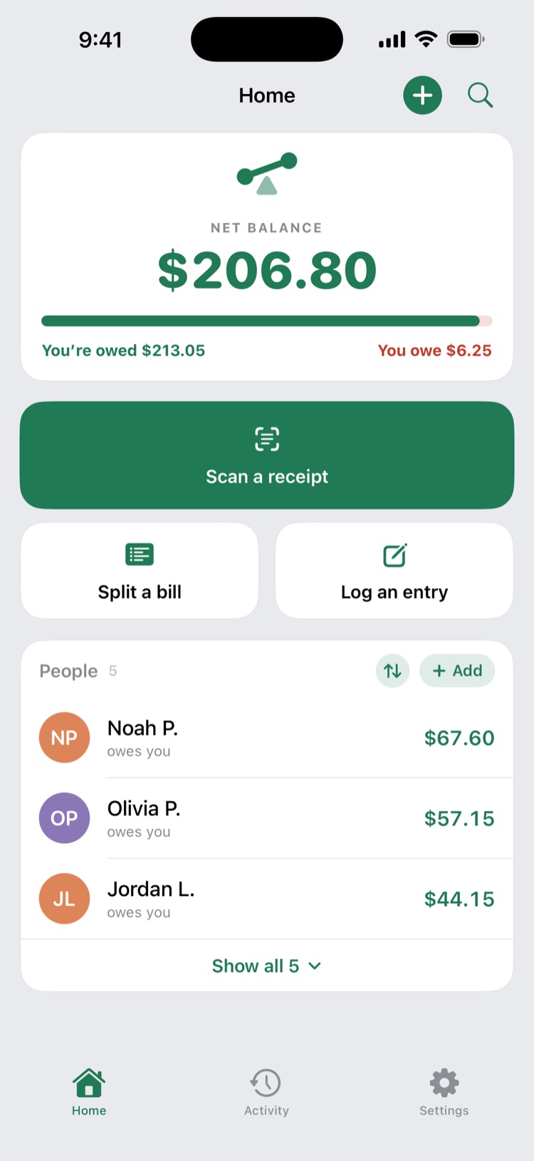 Even Up's home screen with a net balance of $206.80.