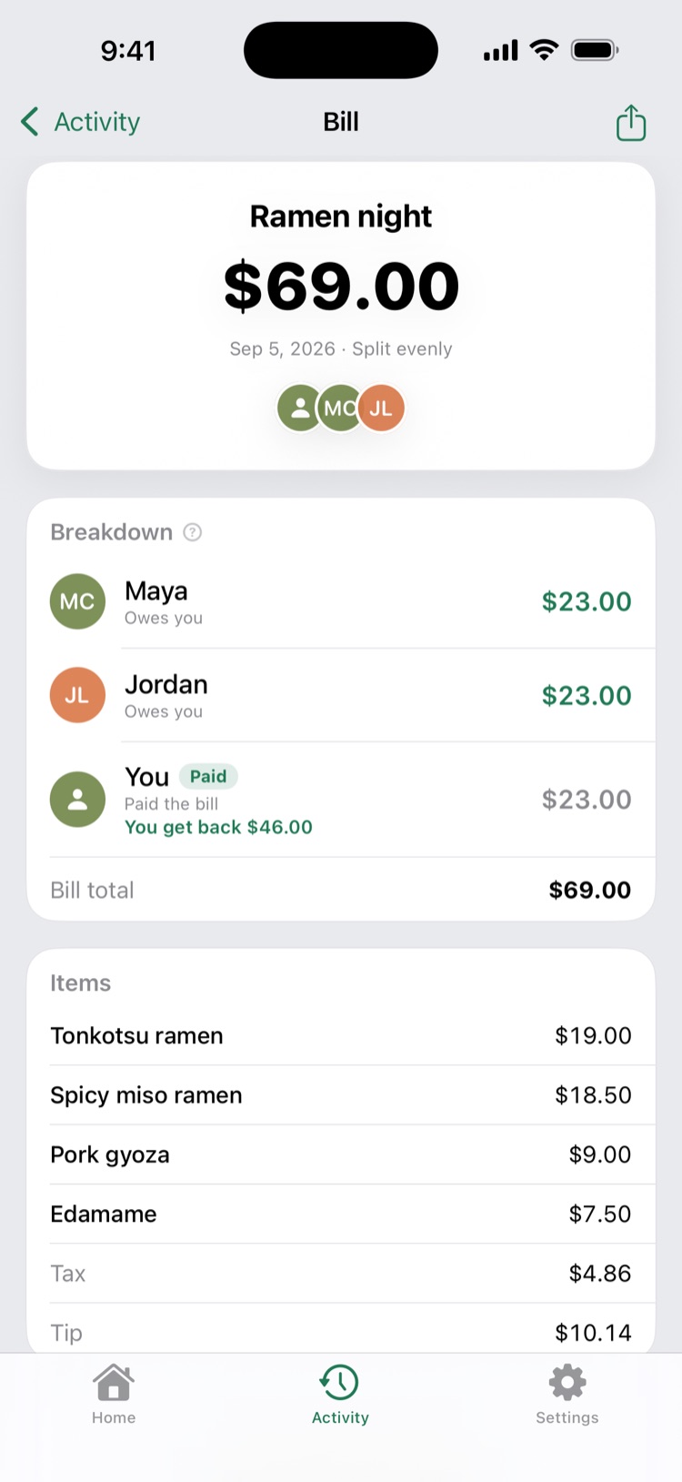 A split bill showing each person's share.