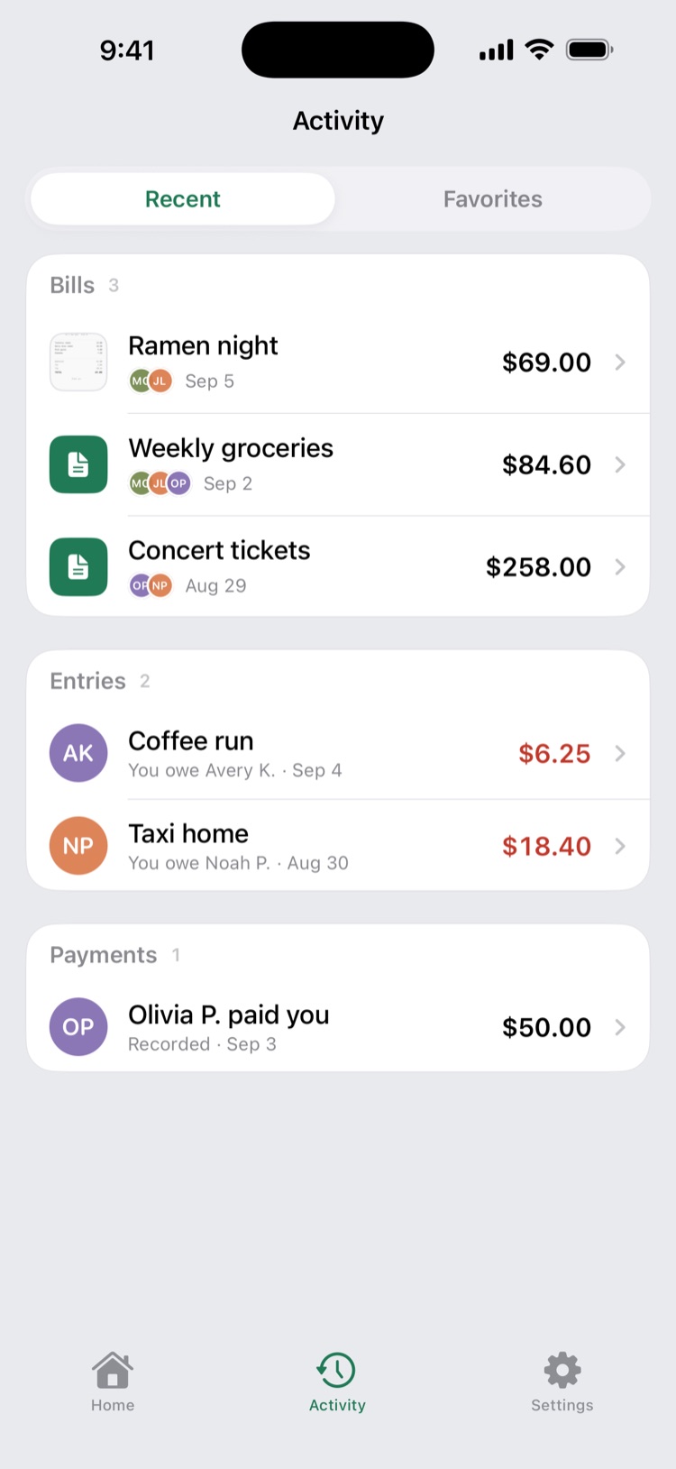 Even Up’s Activity screen listing recent bills, entries and payments.
