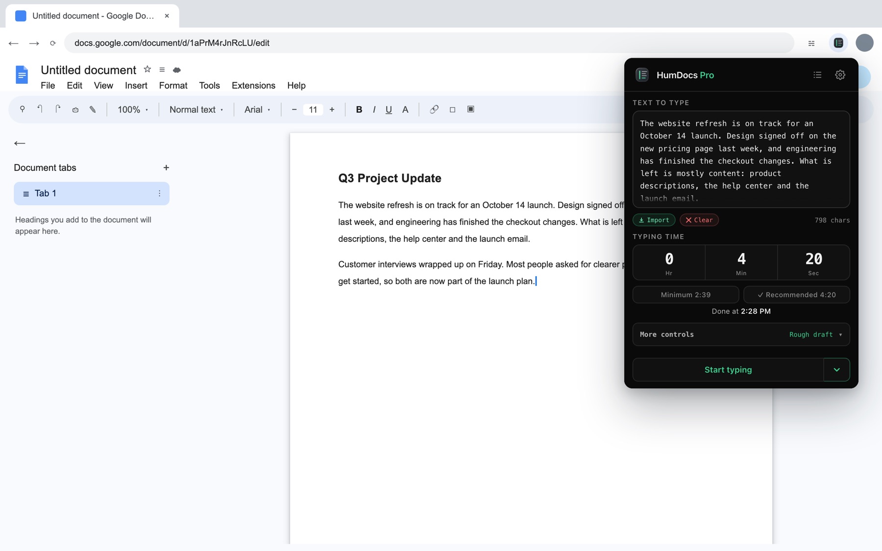 HumDocs open over a Google Doc, with a finish time set and Start typing ready.